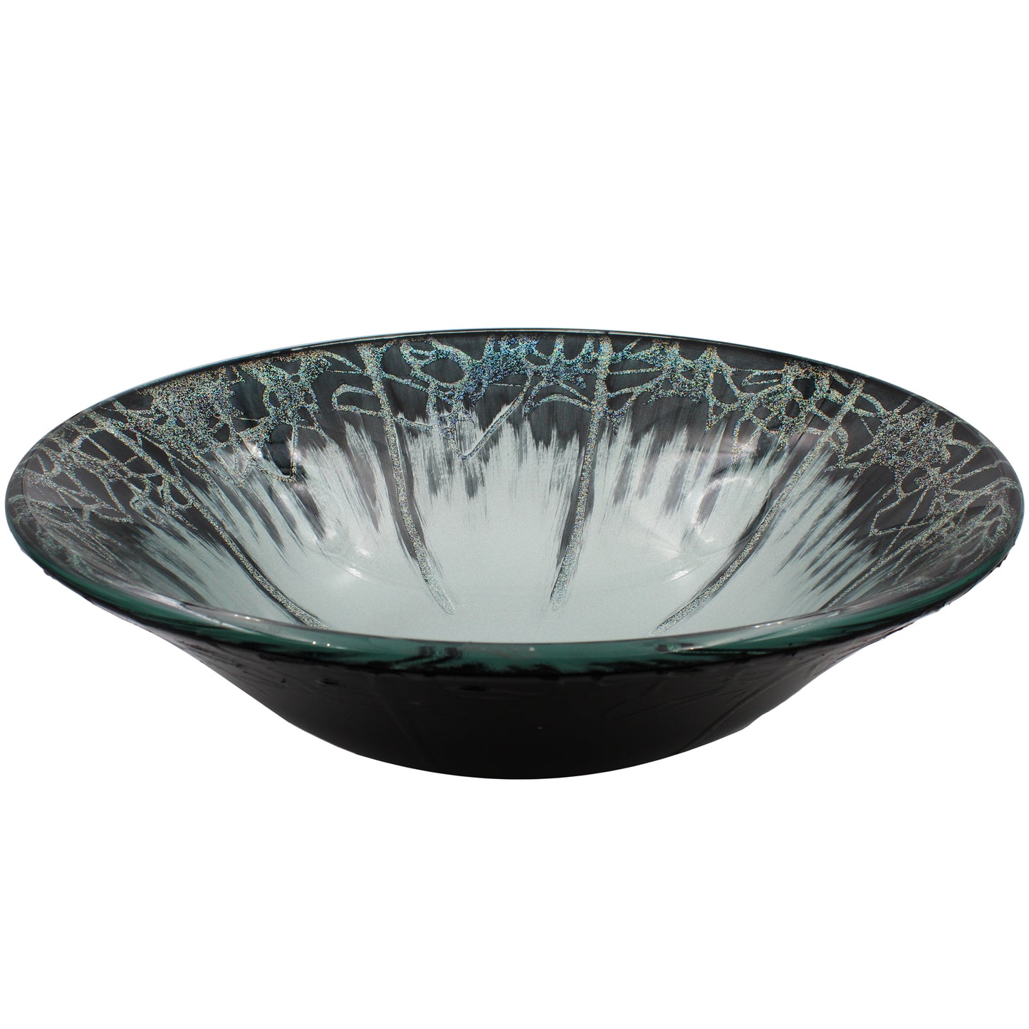 Modern round tempered glass vessel bathroom sink by Novatto, side view showcasing its sleek, artistic design.