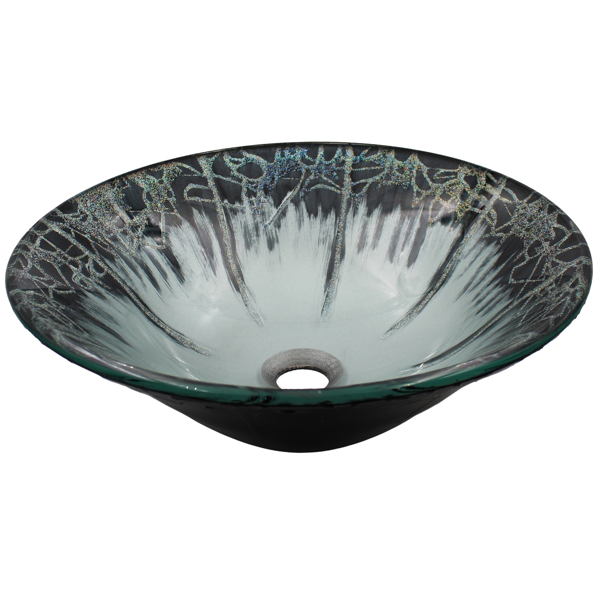 Modern round tempered glass bathroom vessel sink by Novatto, shown in three-quarter view with sleek, transparent design.