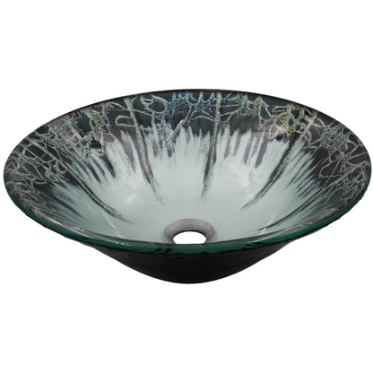 Modern round tempered glass bathroom vessel sink by Novatto, shown in three-quarter view with sleek, transparent design.