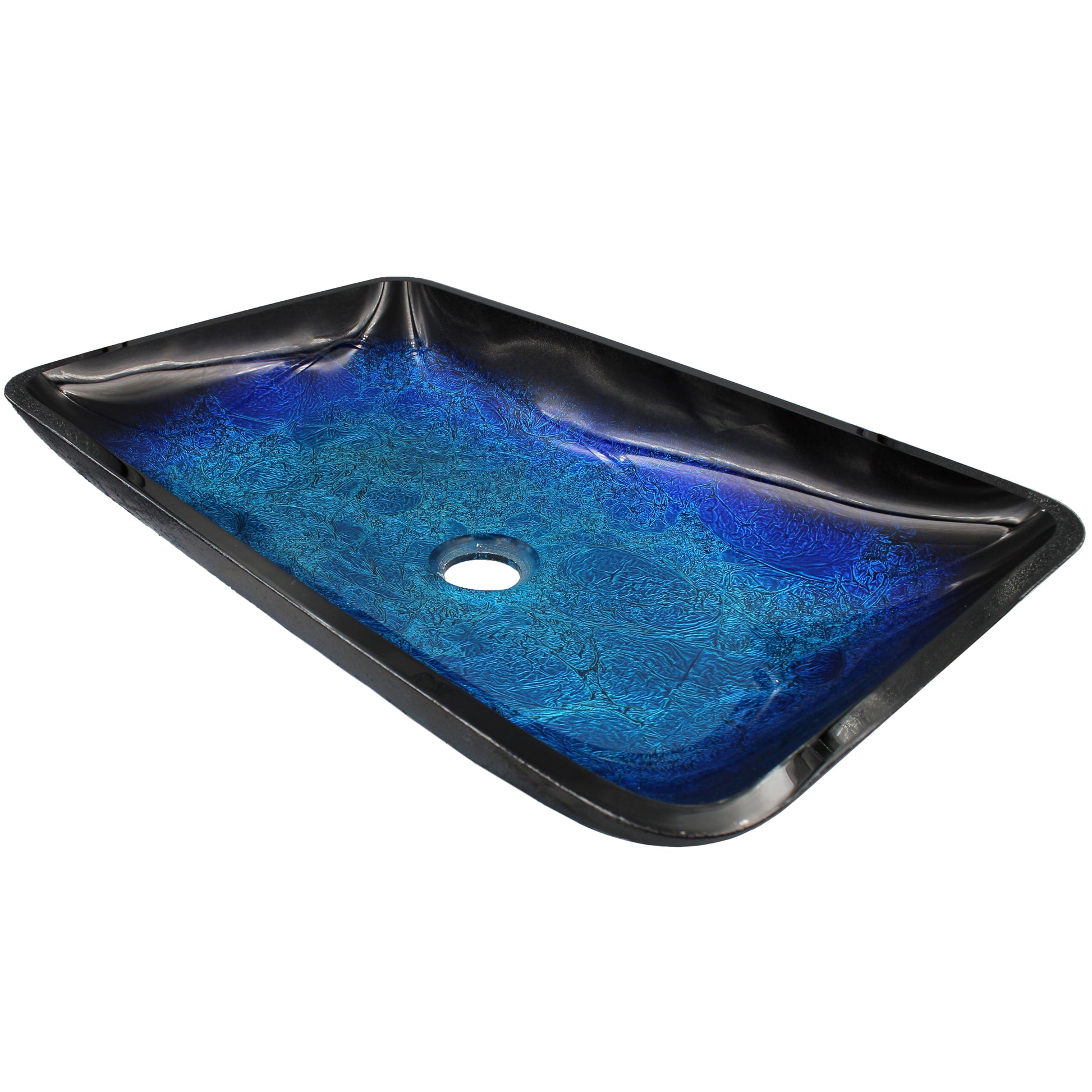 Modern Blue and Black Rectangular Hand-Painted Glass Vessel Sink