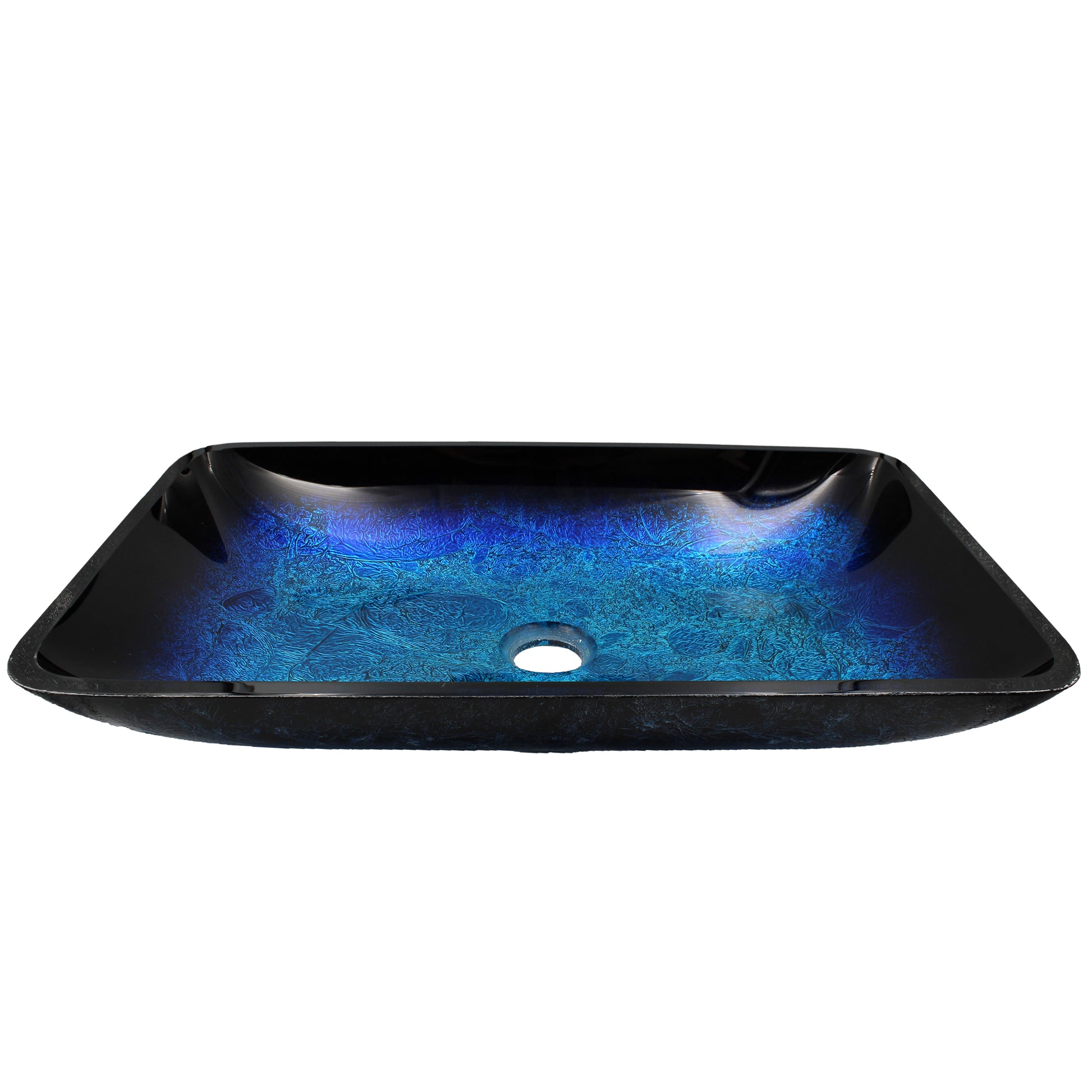 Modern Blue and Black Rectangular Hand-Painted Glass Vessel Sink