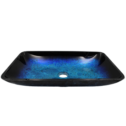 Modern Blue and Black Rectangular Hand-Painted Glass Vessel Sink