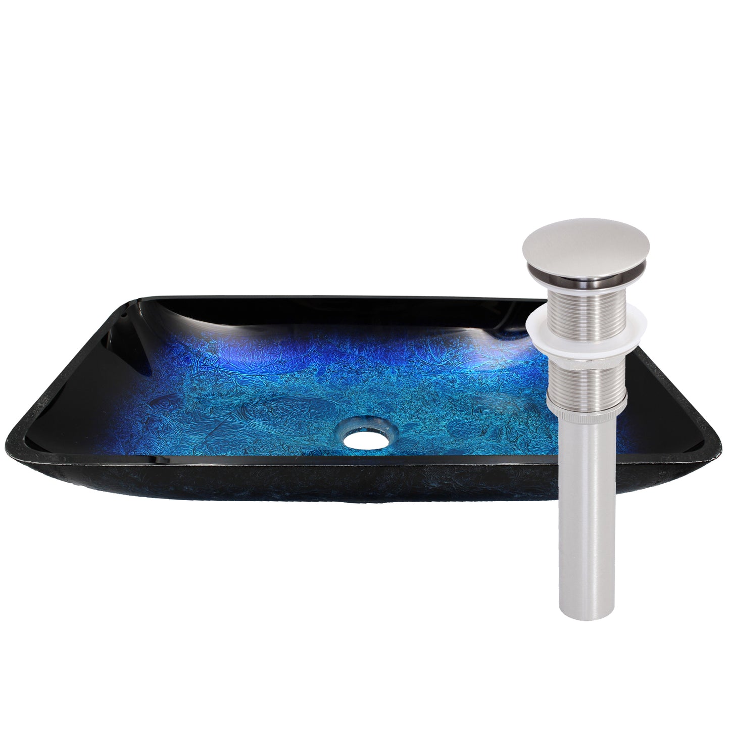 Modern Blue and Black Rectangular Hand-Painted Glass Vessel Sink Brushed Nickel Pop-Up Drain