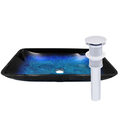 Modern Blue and Black Rectangular Hand-Painted Glass Vessel Sink Chrome Pop-Up Drain
