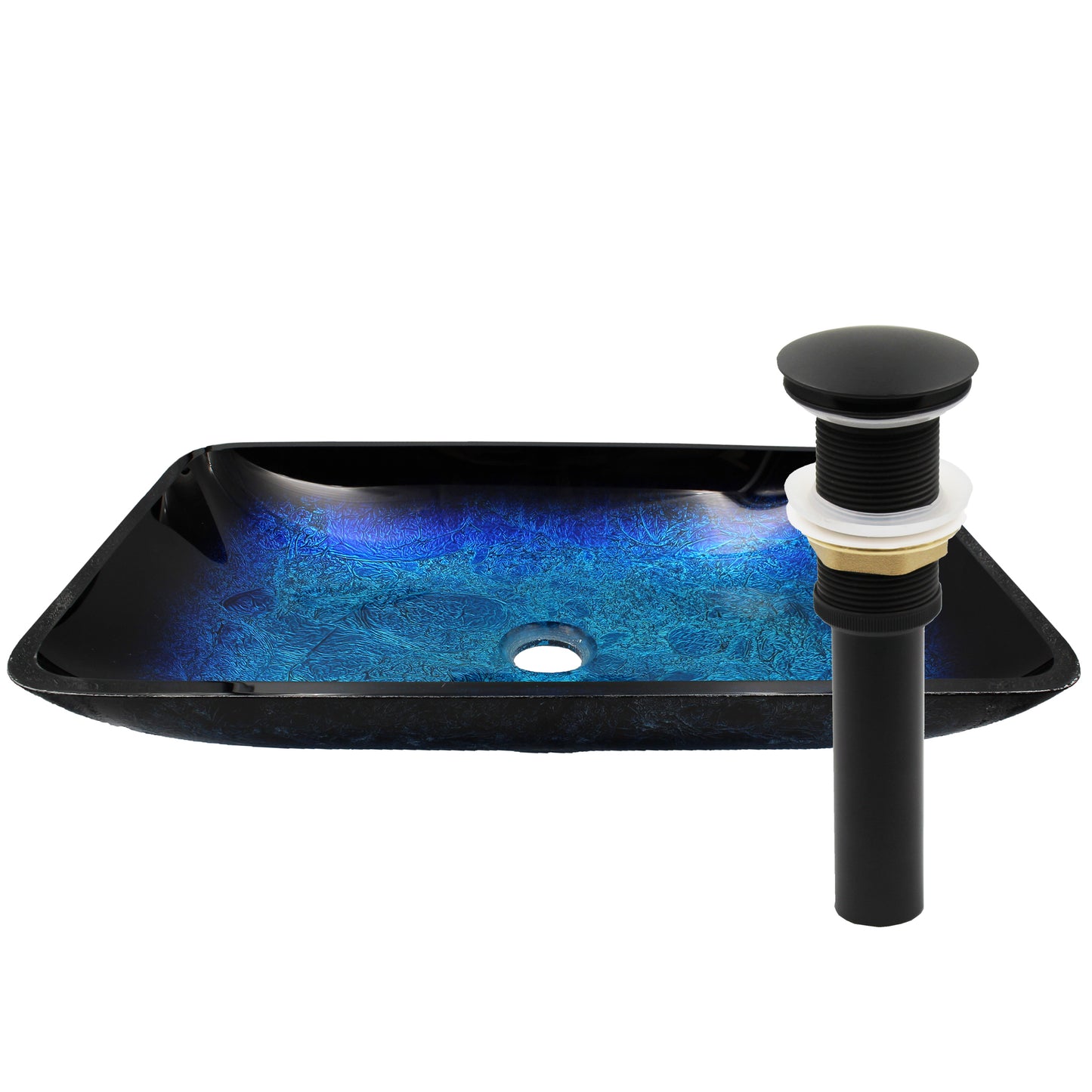 Modern Blue and Black Rectangular Hand-Painted Glass Vessel Sink Matte Black  Pop-Up Drain