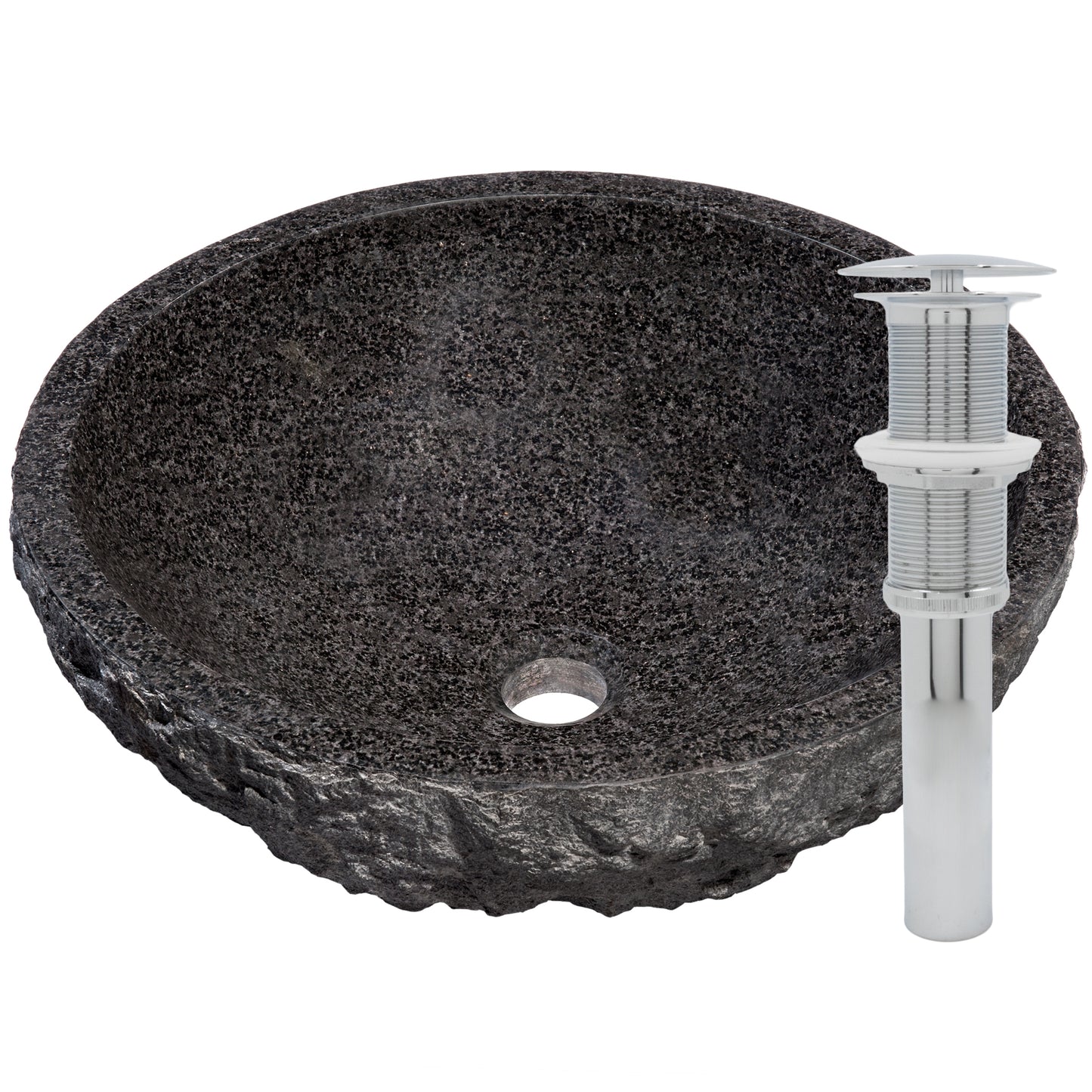 black granite vessel sink w/ umbrella drain chrome