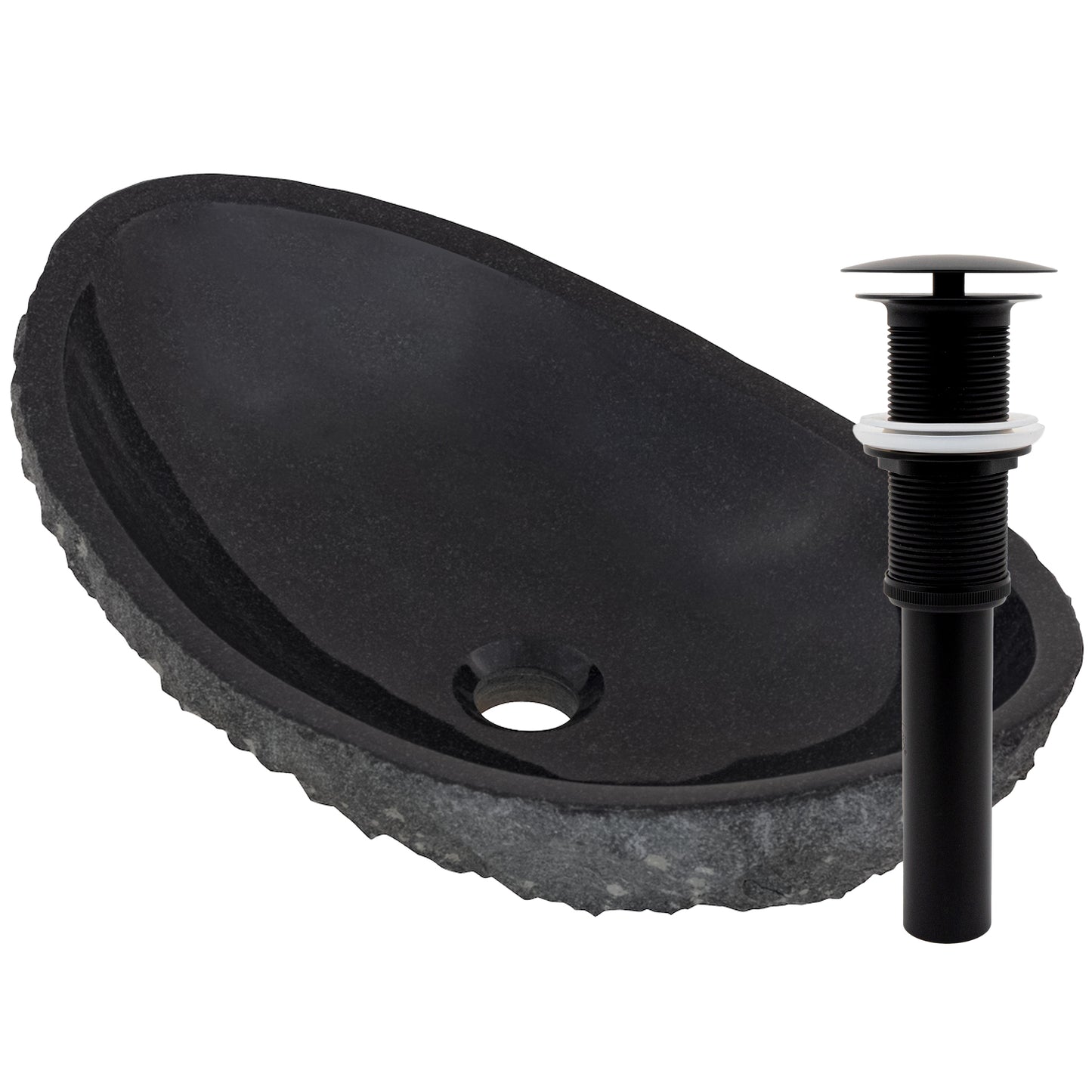 black granite stone vessel sink with umbrella drain, matte black