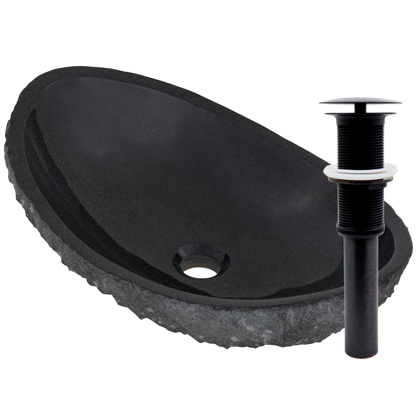 black granite stone vessel sink with umbrella drain, oil rubbed bronze
