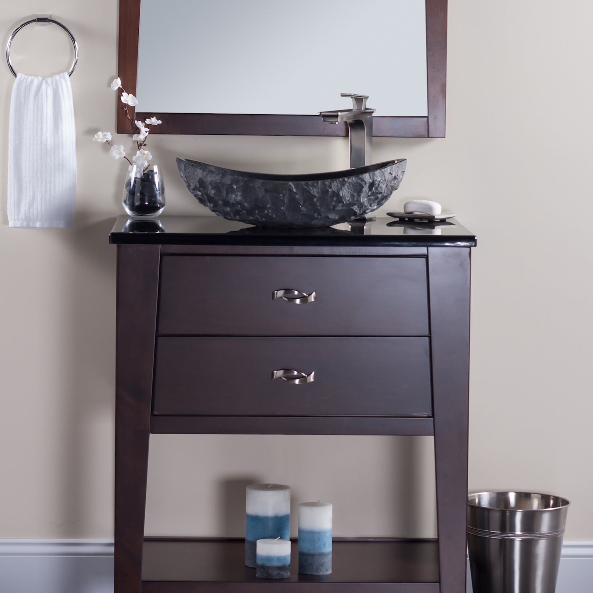 black granite stone vessel sink lifestyle