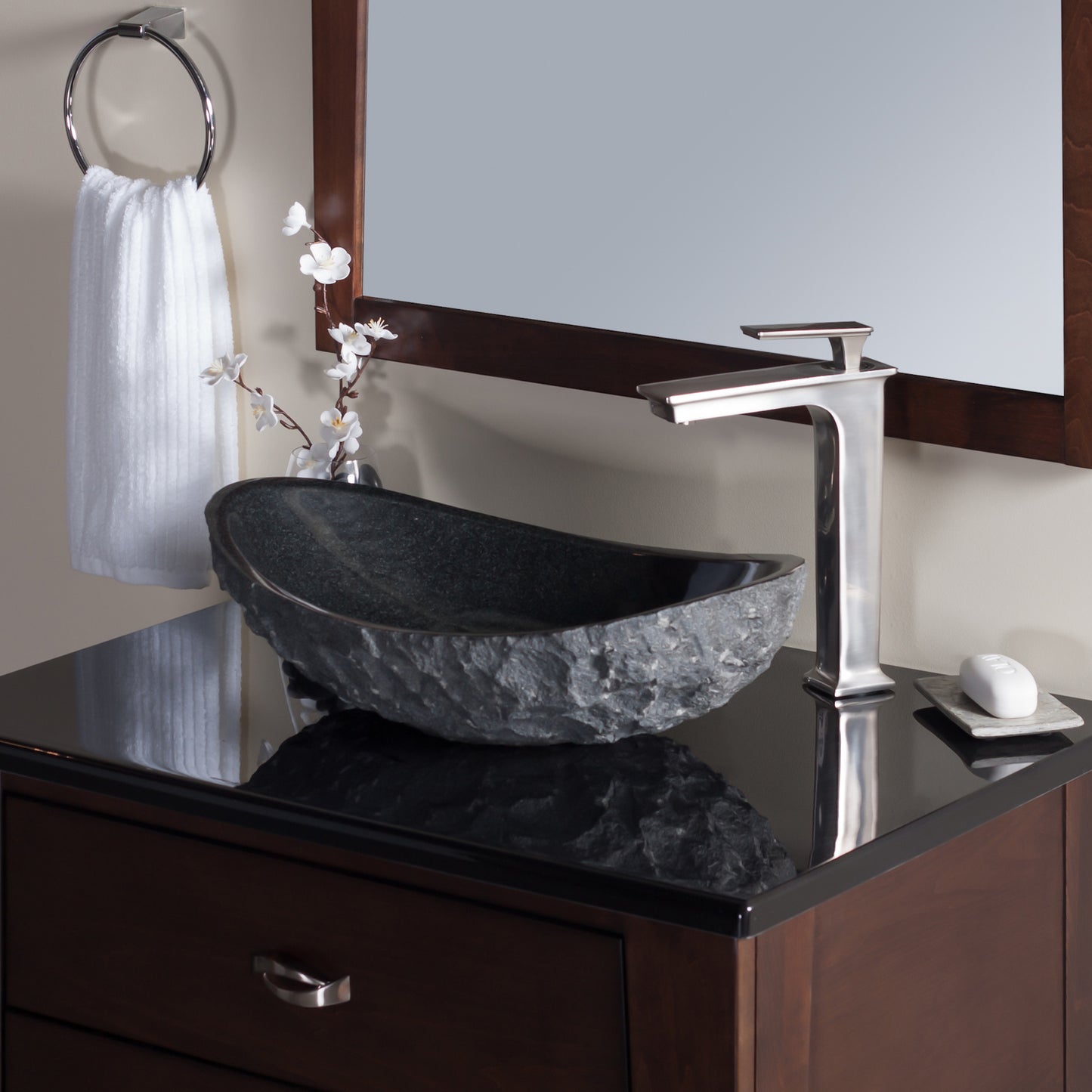 black granite stone vessel sink lifestyle