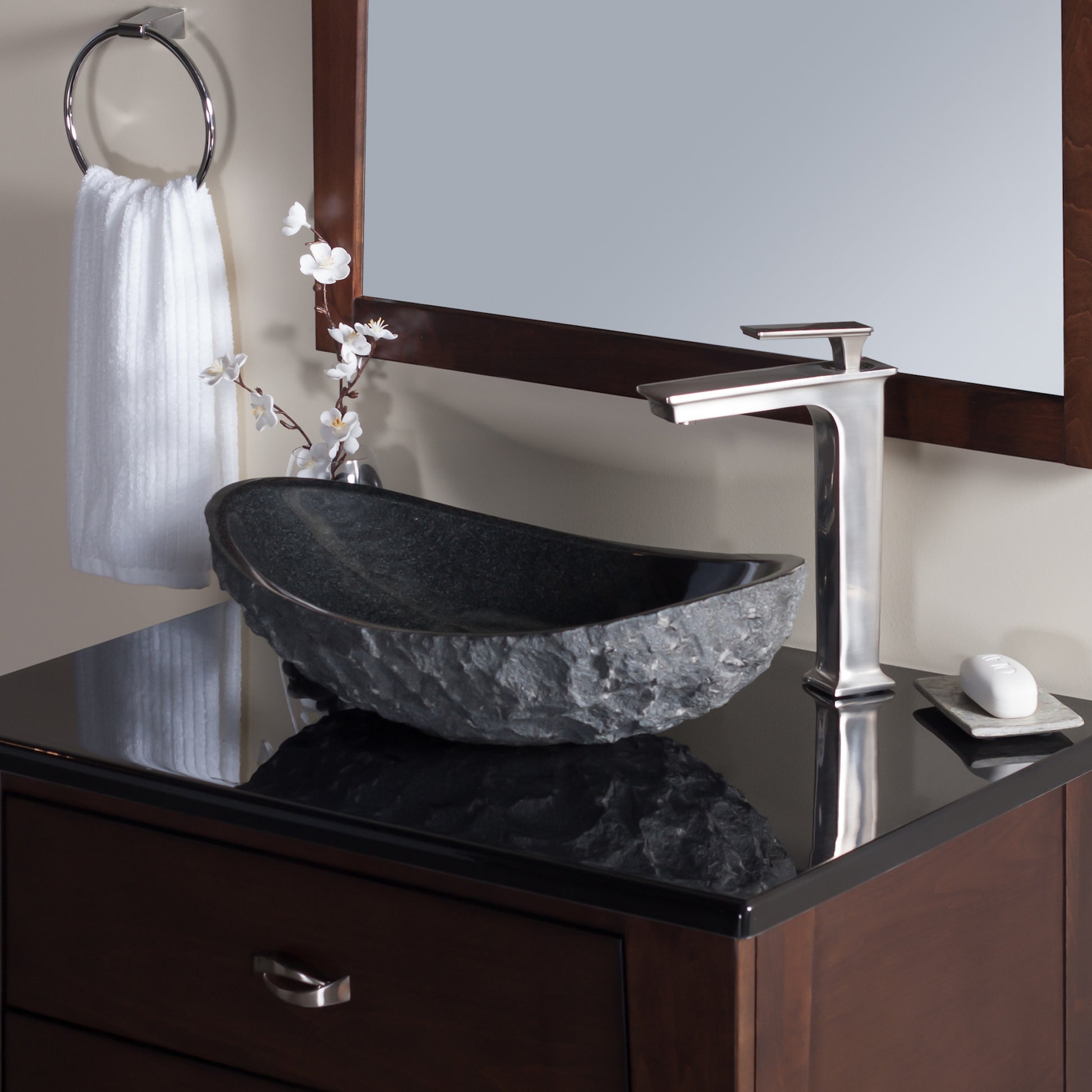 black granite stone vessel sink lifestyle