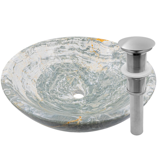 blue onyx stone vessel sink umbrella drain in brushed nickel