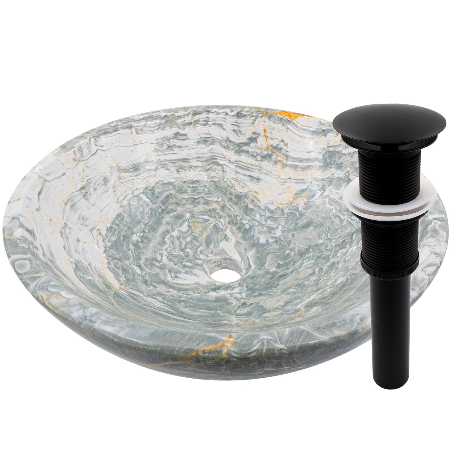 blue onyx stone vessel sink umbrella drain in matte black