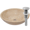 beige travertine vessel stone sink with umbrella drain, brushed nickel