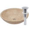 beige travertine vessel stone sink with umbrella drain, chrome