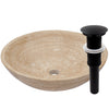 beige travertine vessel stone sink with umbrella drain, matte black
