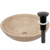 beige travertine vessel stone sink with umbrella drain, oil rubbed bronze