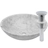 white marble stone vessel sink, umbrella drain chrome