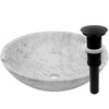 white marble stone vessel sink, umbrella drain matte black