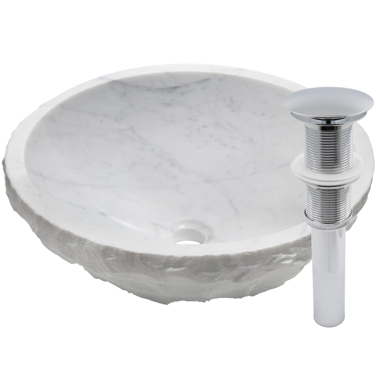 Carrara White Marble Vessel Sink, chrome umbrella drain