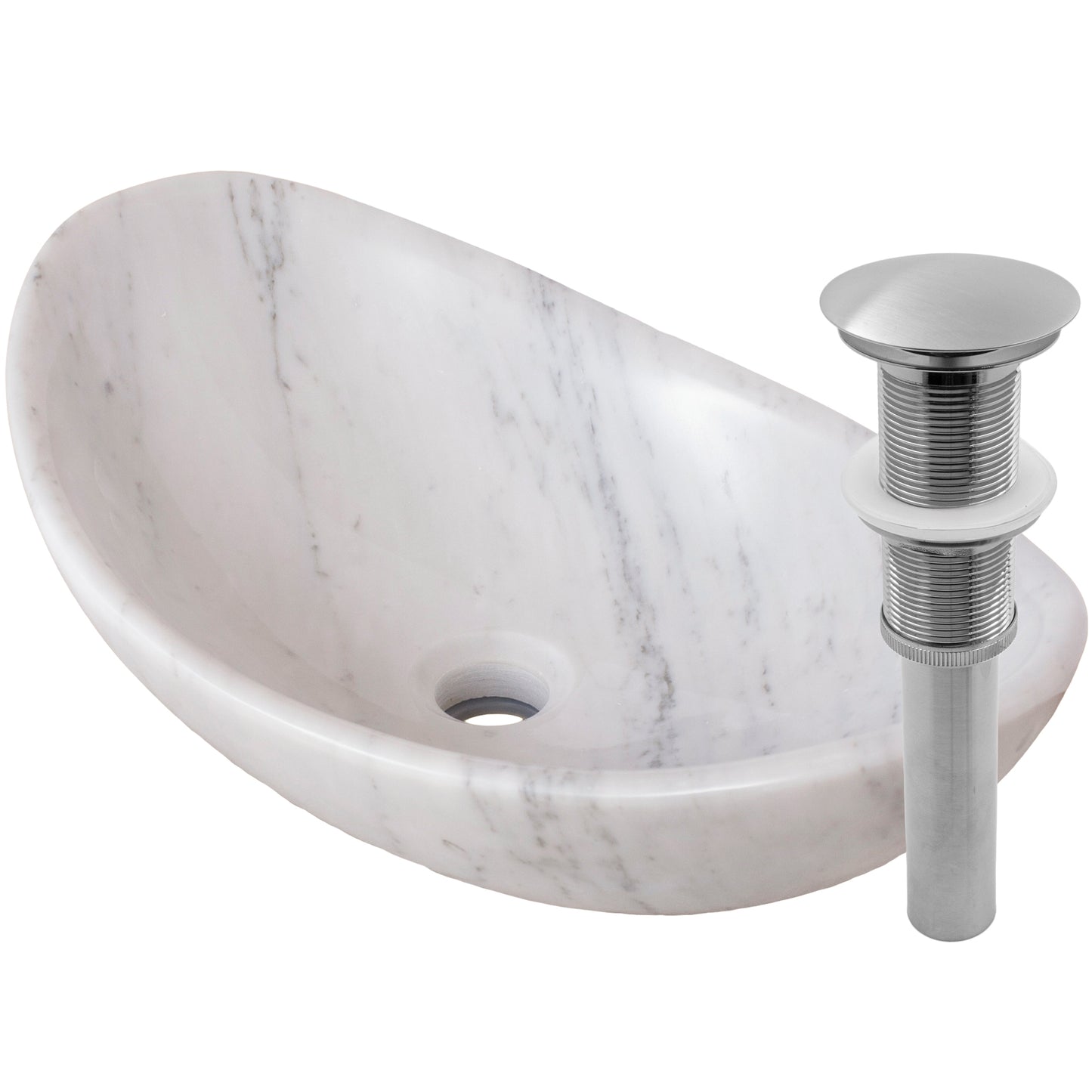 Carrara white marble stone vessel sink with umbrella drain in brushed nickel