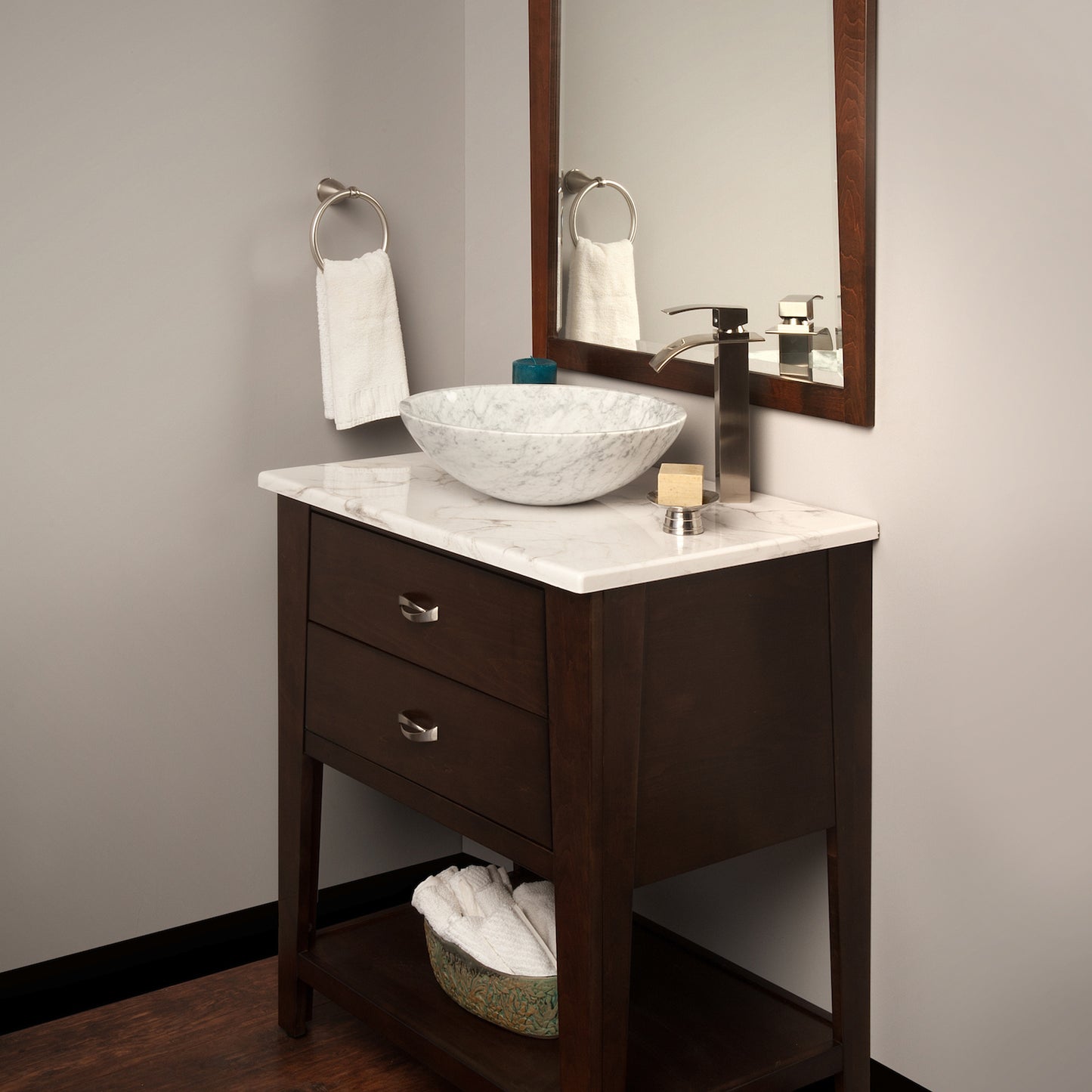 white marble stone vessel sink, lifestyle