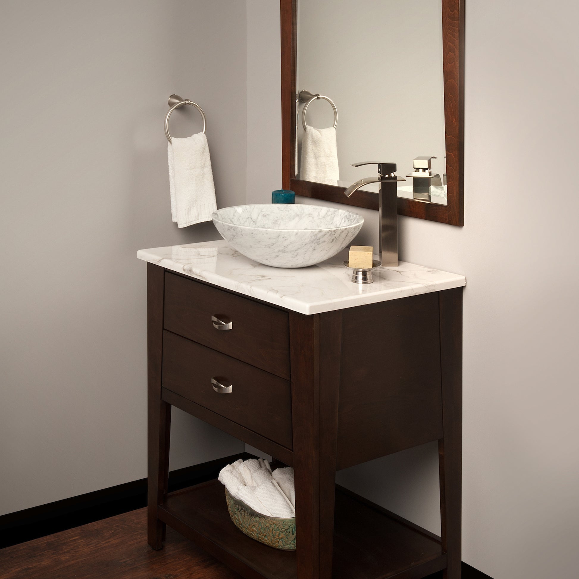 white marble stone vessel sink, lifestyle