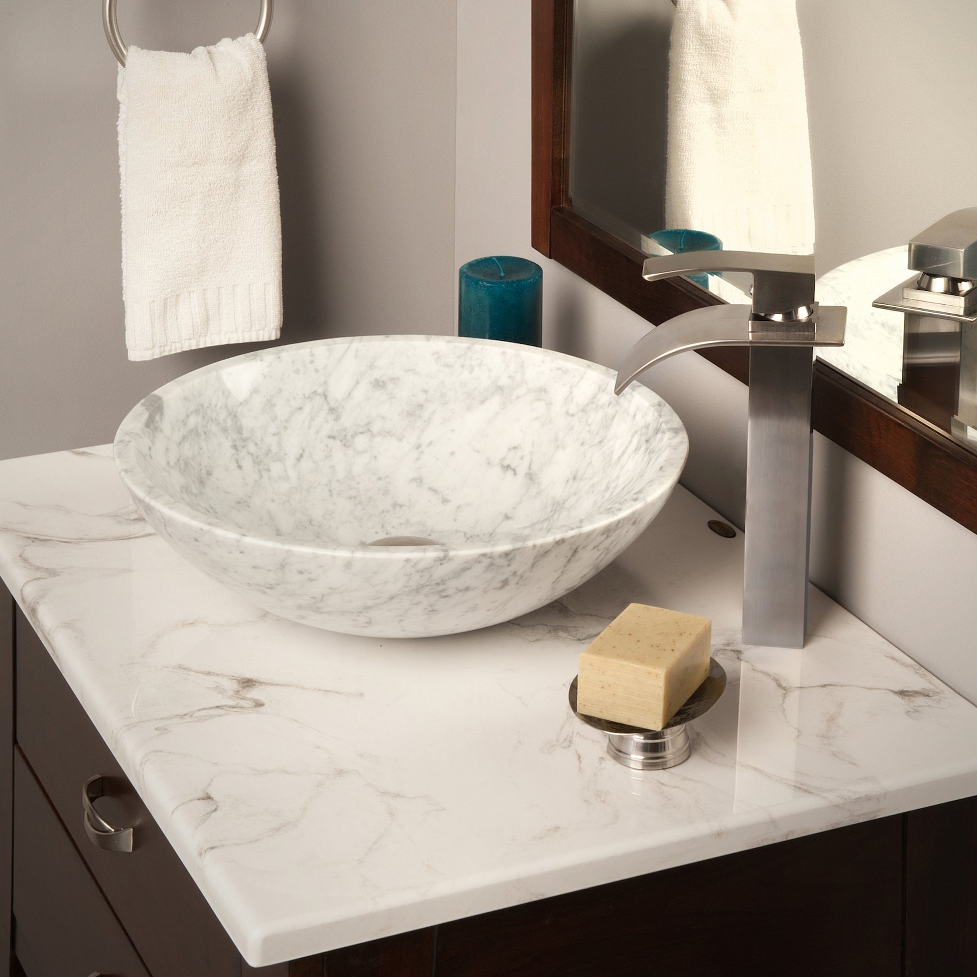 white marble stone vessel sink, lifestyle