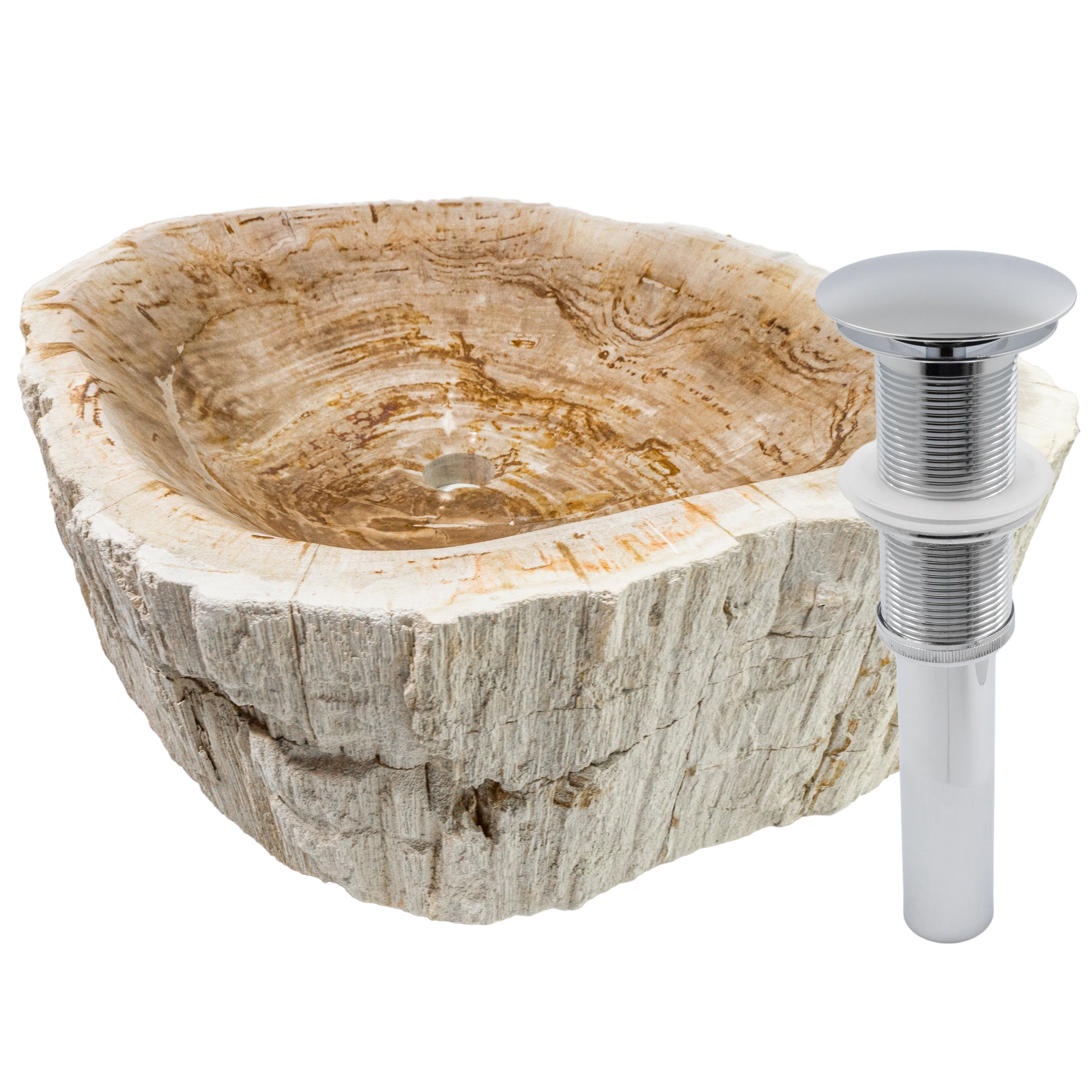 Transitional bathroom vessel sink made from petrified fossil wood by Novatto, showcasing natural wood grain and smooth finish.