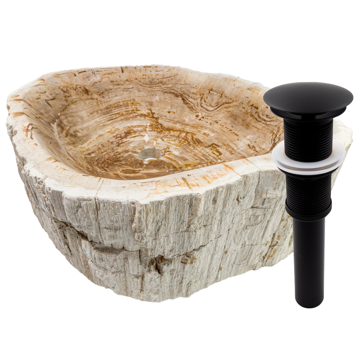 petrified wood vessel sink with umbrella drain matte black