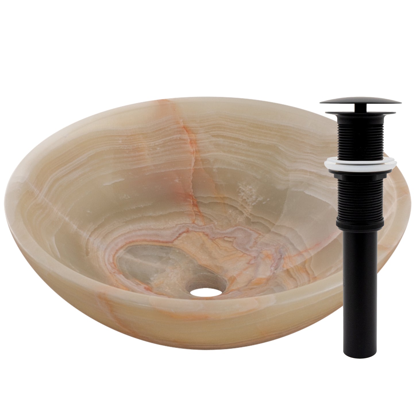 green onyx stone sink with umbrella drain matte black