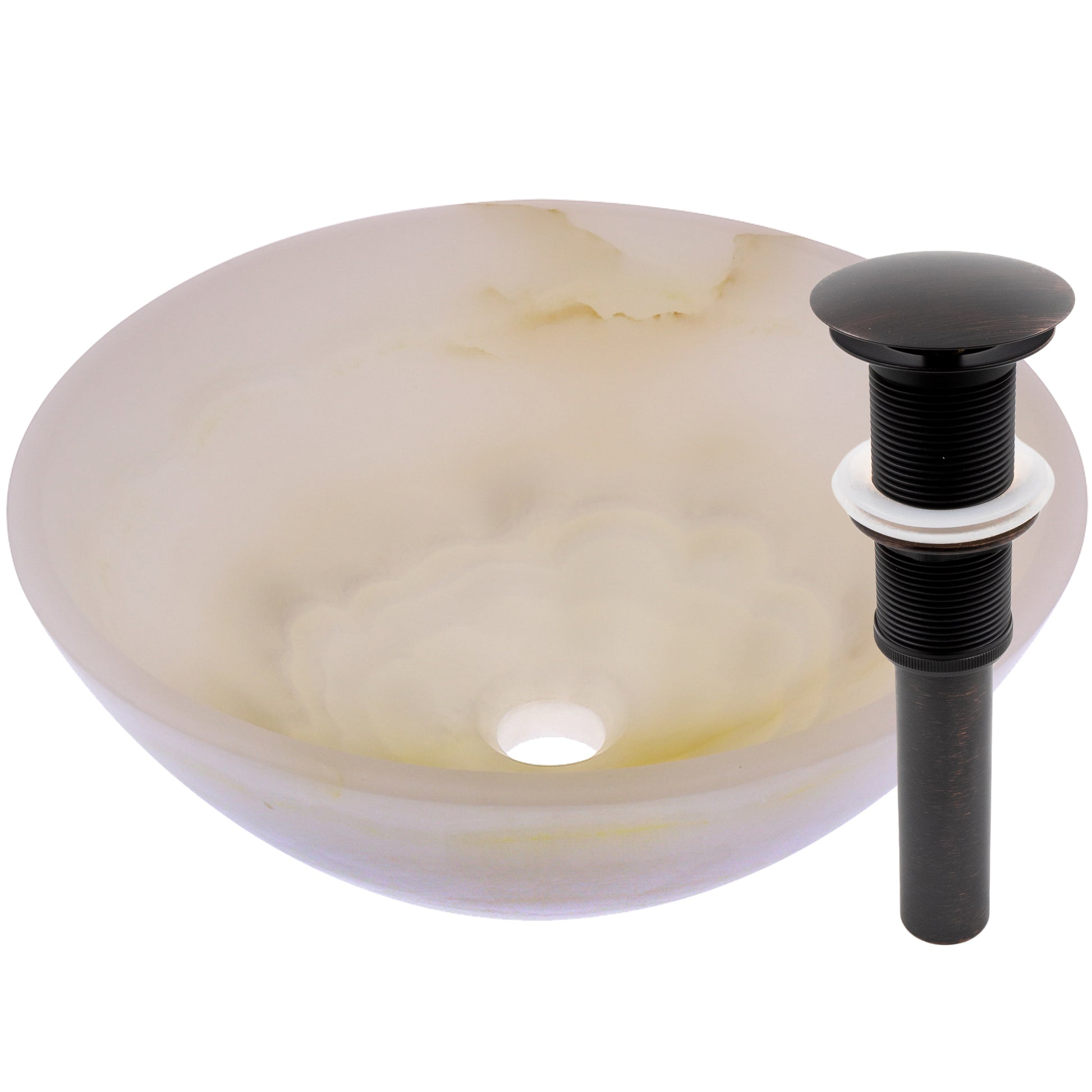 Transitional white onyx stone bathroom vessel sink by Novatto, showcasing smooth, polished surface and elegant design.