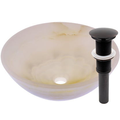 Transitional white onyx stone bathroom vessel sink by Novatto, showcasing smooth, polished surface and elegant design.