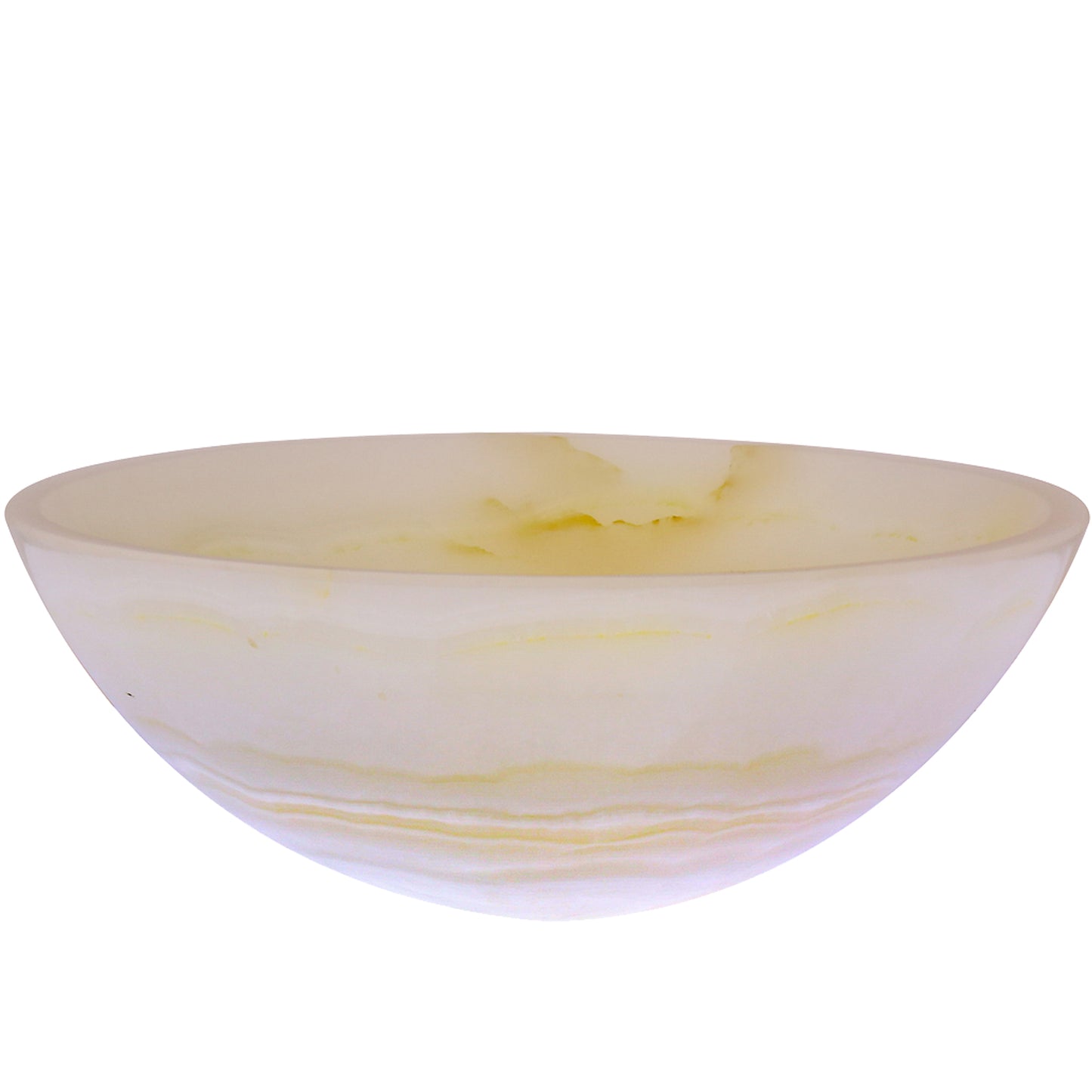 Transitional white onyx stone vessel bathroom sink by Novatto, side view showing smooth, natural stone surface and elegant design