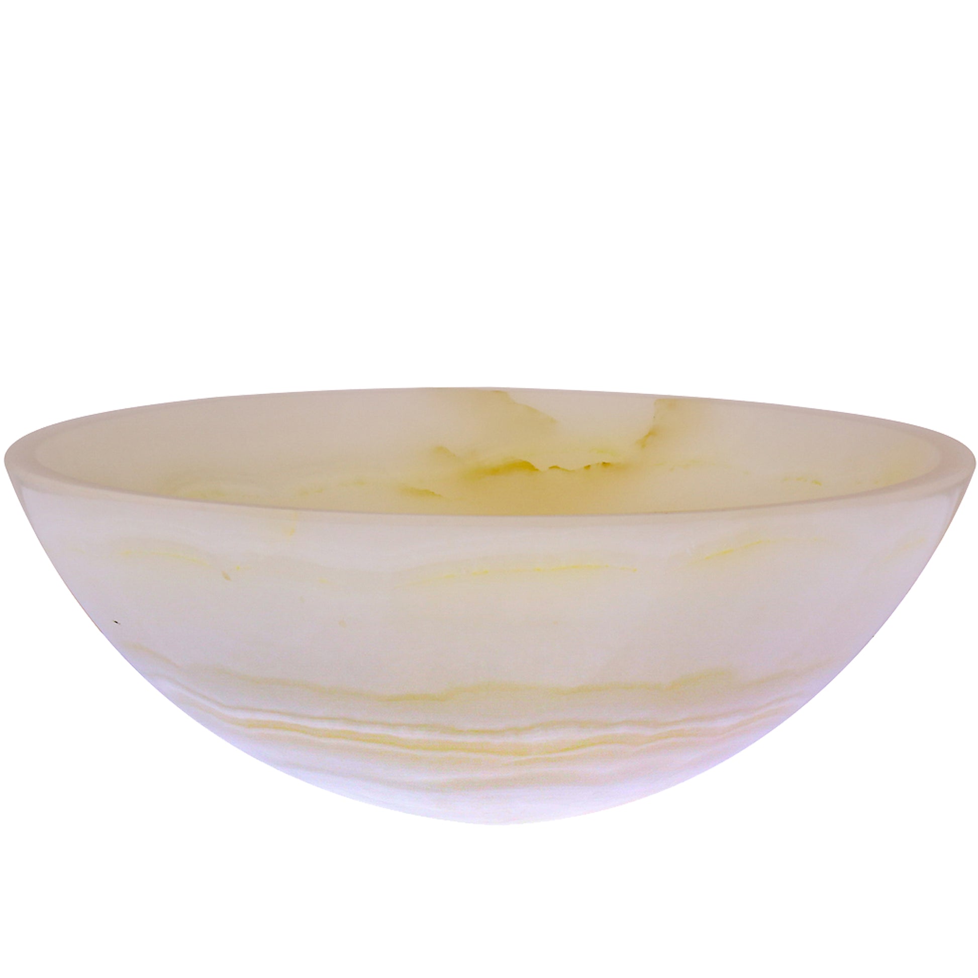Transitional white onyx stone vessel bathroom sink by Novatto, side view showing smooth, natural stone surface and elegant design
