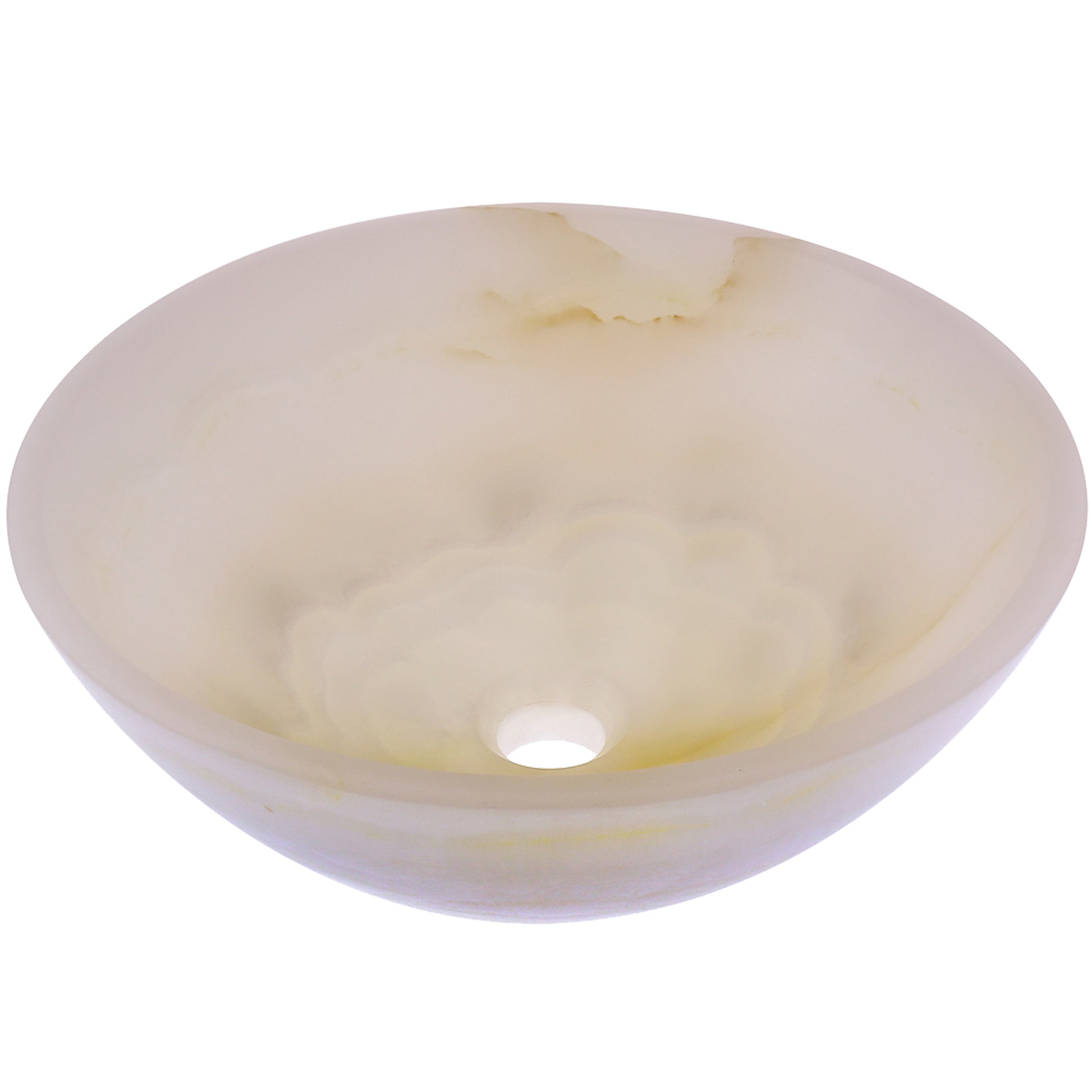 Natural white onyx stone vessel bathroom sink by Novatto, transitional style, three-quarter view showcasing smooth, polished surface.