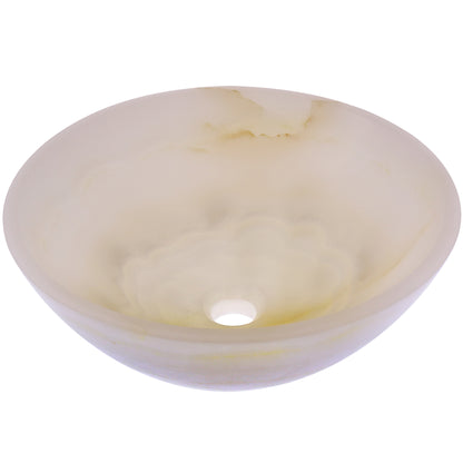 Natural white onyx stone vessel bathroom sink by Novatto, transitional style, three-quarter view showcasing smooth, polished surface.