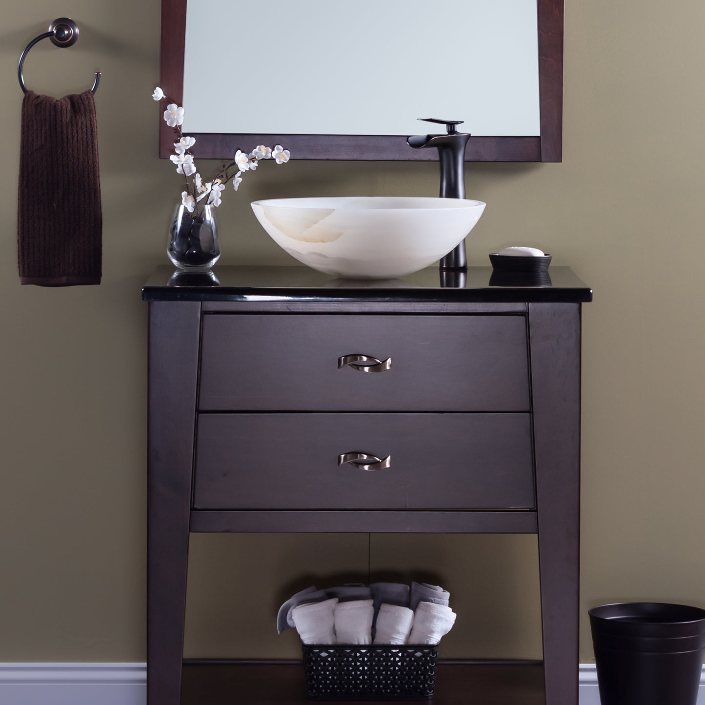 Natural white onyx vessel bathroom sink by Novatto, transitional style with smooth, polished surface, shown in a modern bathroom setting.