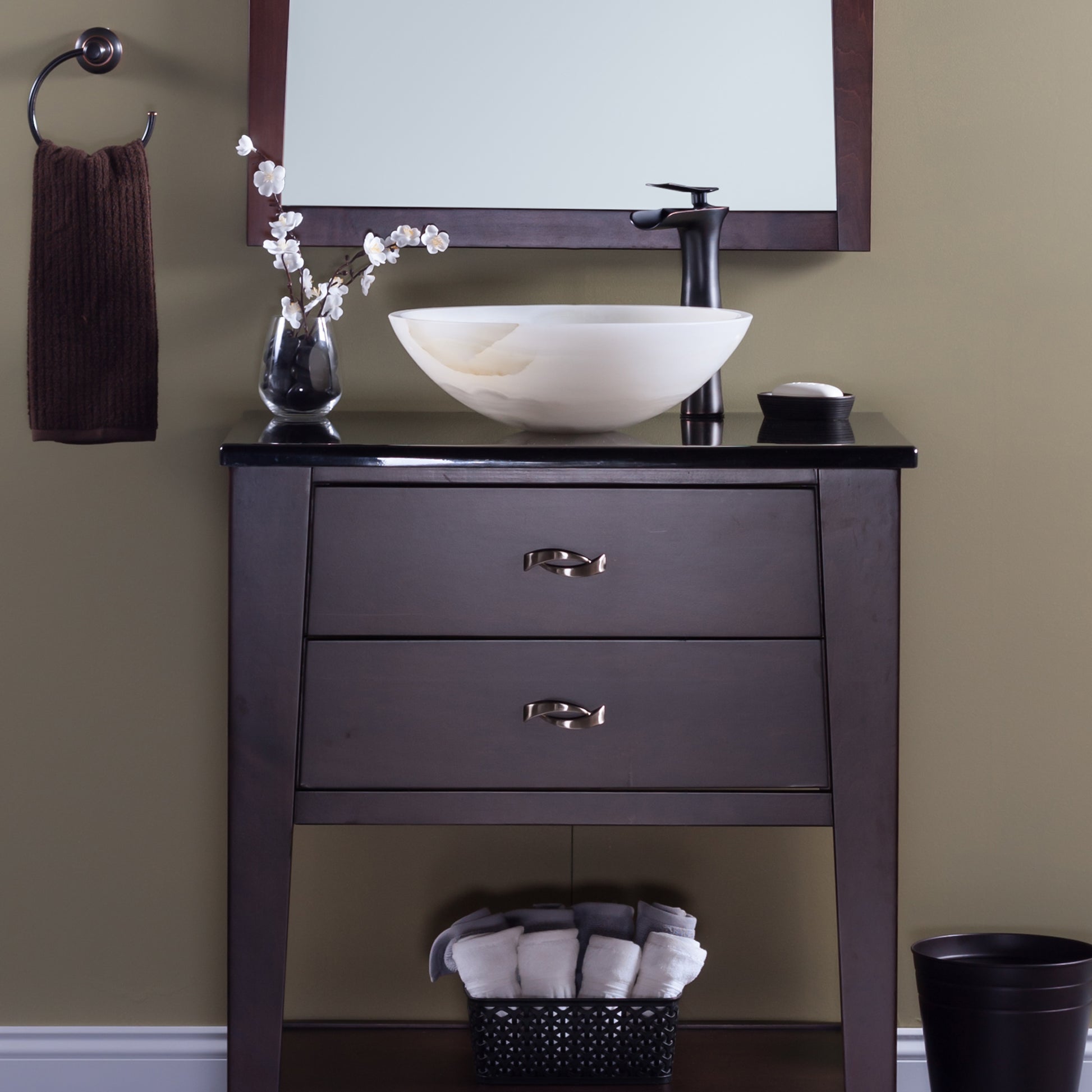 Natural white onyx vessel bathroom sink by Novatto, transitional style with smooth, polished surface, shown in a modern bathroom setting.