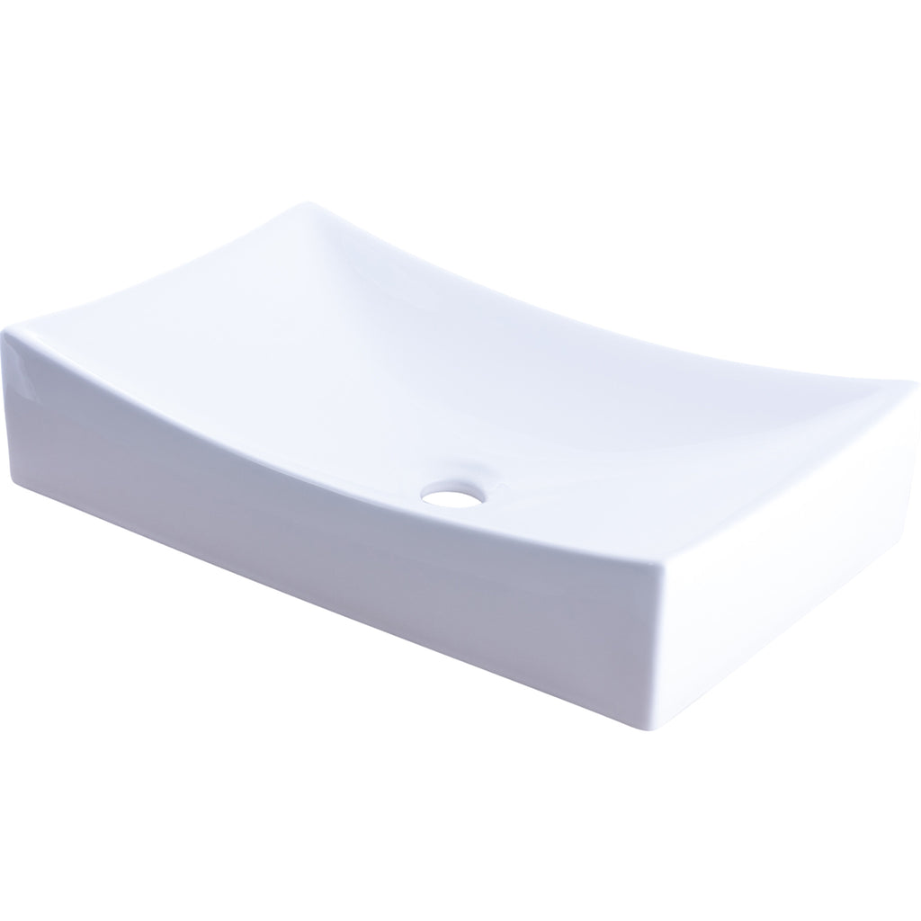 Bright white glossy ceramic vessel sink with no overflow