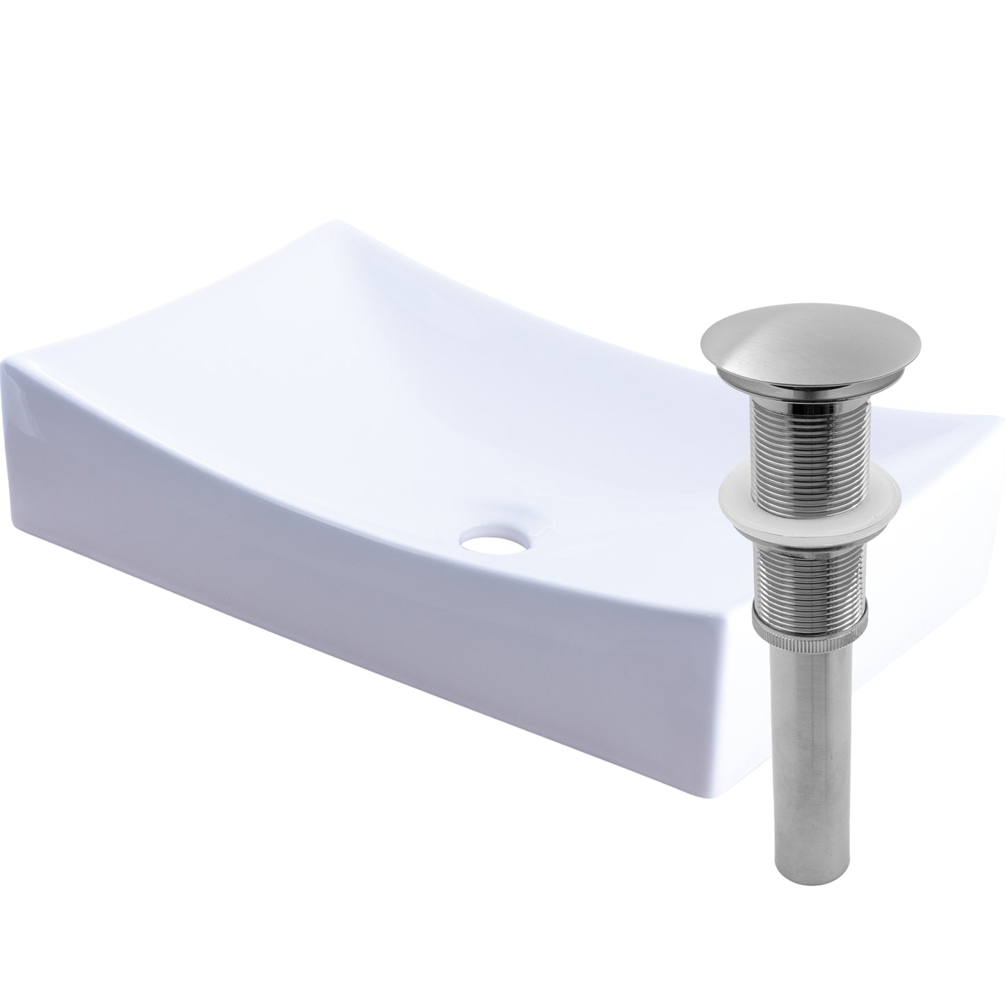 Bright white glossy ceramic vessel sink with no overflow, umbrella drain brushed nickel