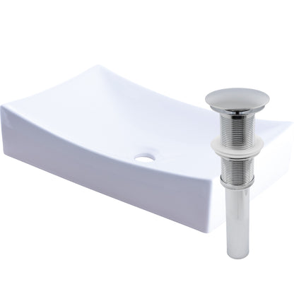 Bright white glossy ceramic vessel sink with no overflow, umbrella drain chrome