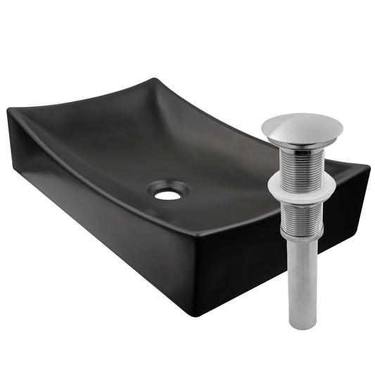 Rectangle matte black ceramic vessel sink with no overflow, umbrella drain brushed nickel