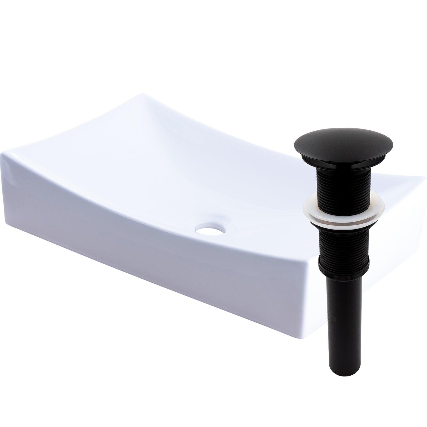 Bright white glossy ceramic vessel sink with no overflow, umbrella drain matte black