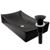 Rectangle matte black ceramic vessel sink with no overflow, umbrella drain matte black
