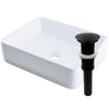 rectangular white porcelain sink for the bath, umbrella drain matte black