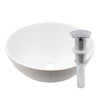 round white porcelain vessel sink, pop-up drain chrome