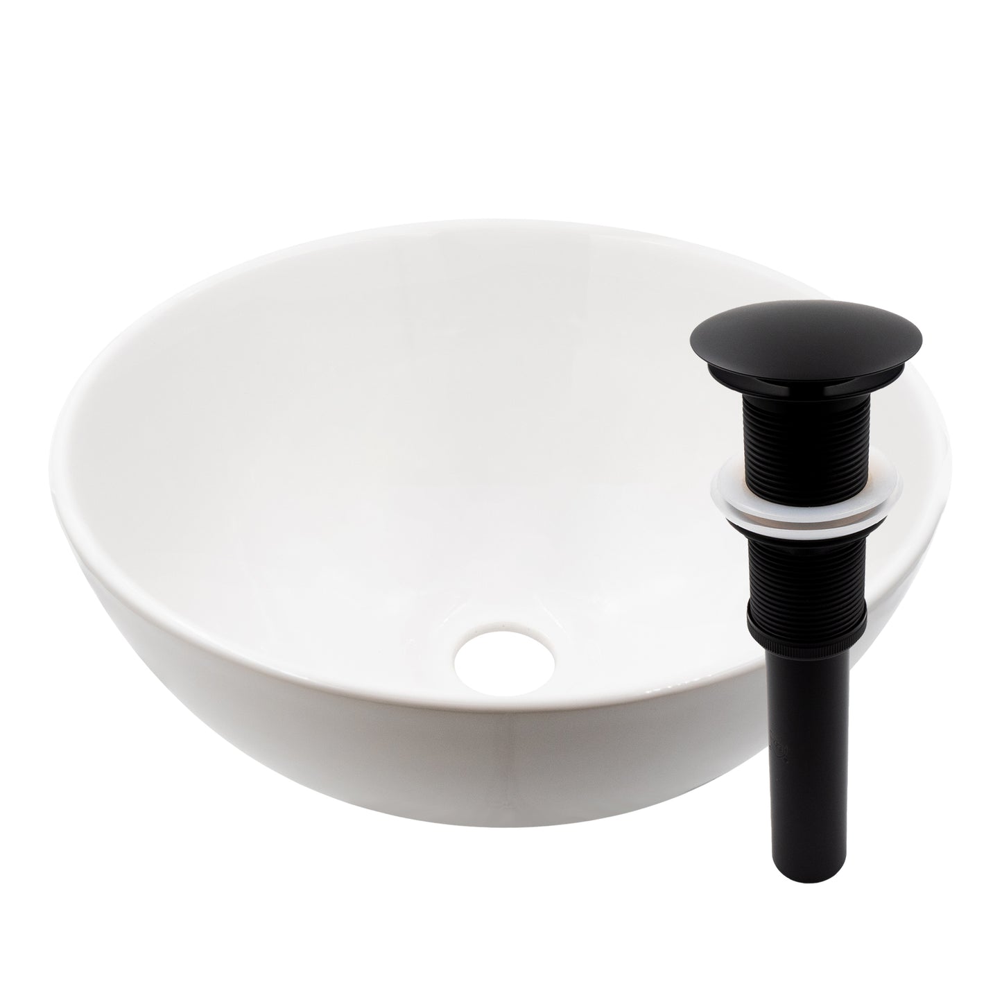 round white porcelain vessel sink, pop-up drain matte black