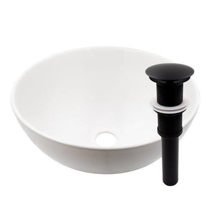 round white porcelain vessel sink, pop-up drain matte black