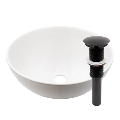 round white porcelain vessel sink, pop-up drain oil rubbed bronze